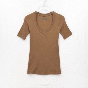 ENZA COSTA Cashmere Short Sleeve Horseshoe Top Womens Medium Brown Scoop Tee NEW